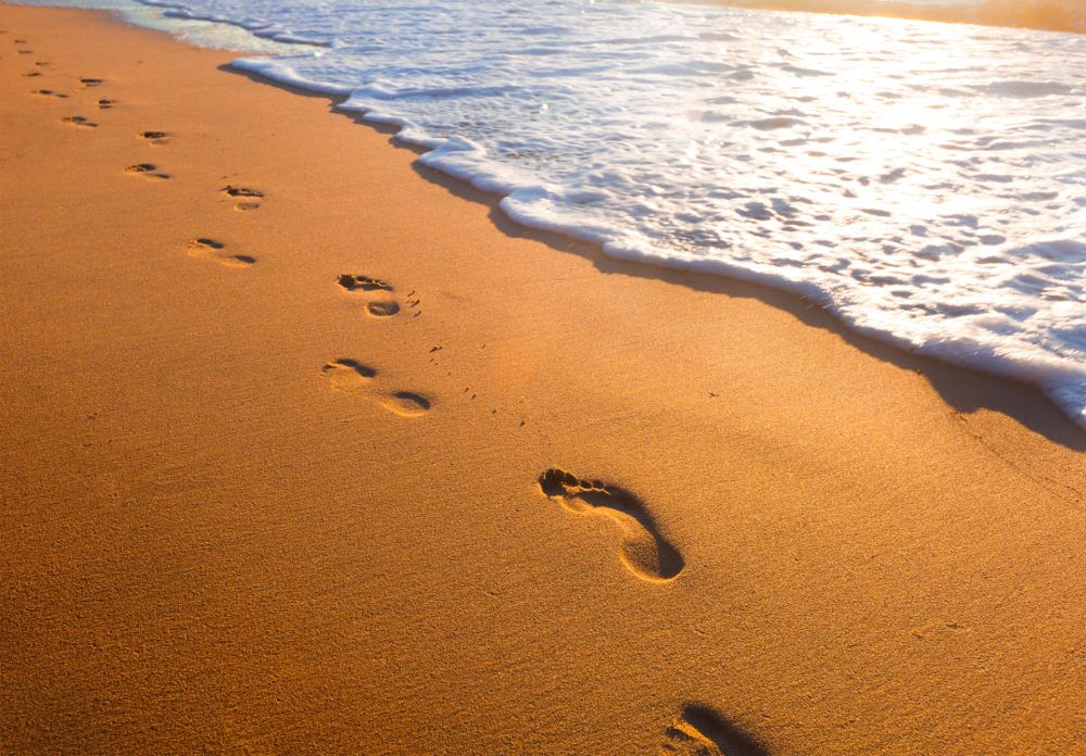 footprints in the sand near ocean
